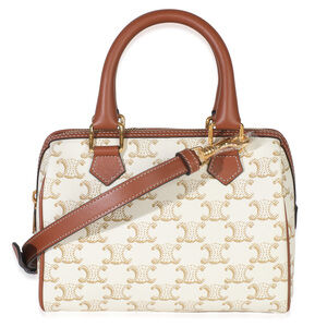 Celine Tan Calfskin White Triomphe Canvas Small Boston Bag